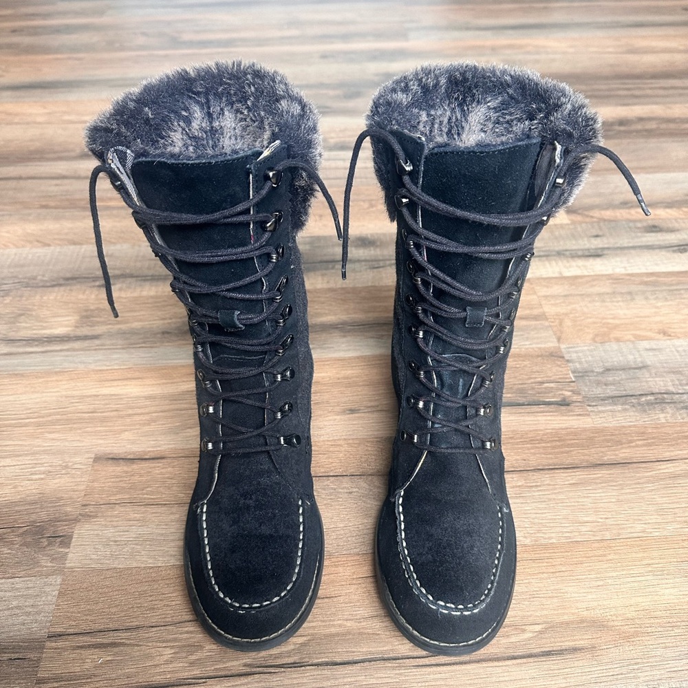 Lands' End Women’s Black Suede and Faux Fur Lace-Up Boots Size 8.5 - Picture 2 of 11